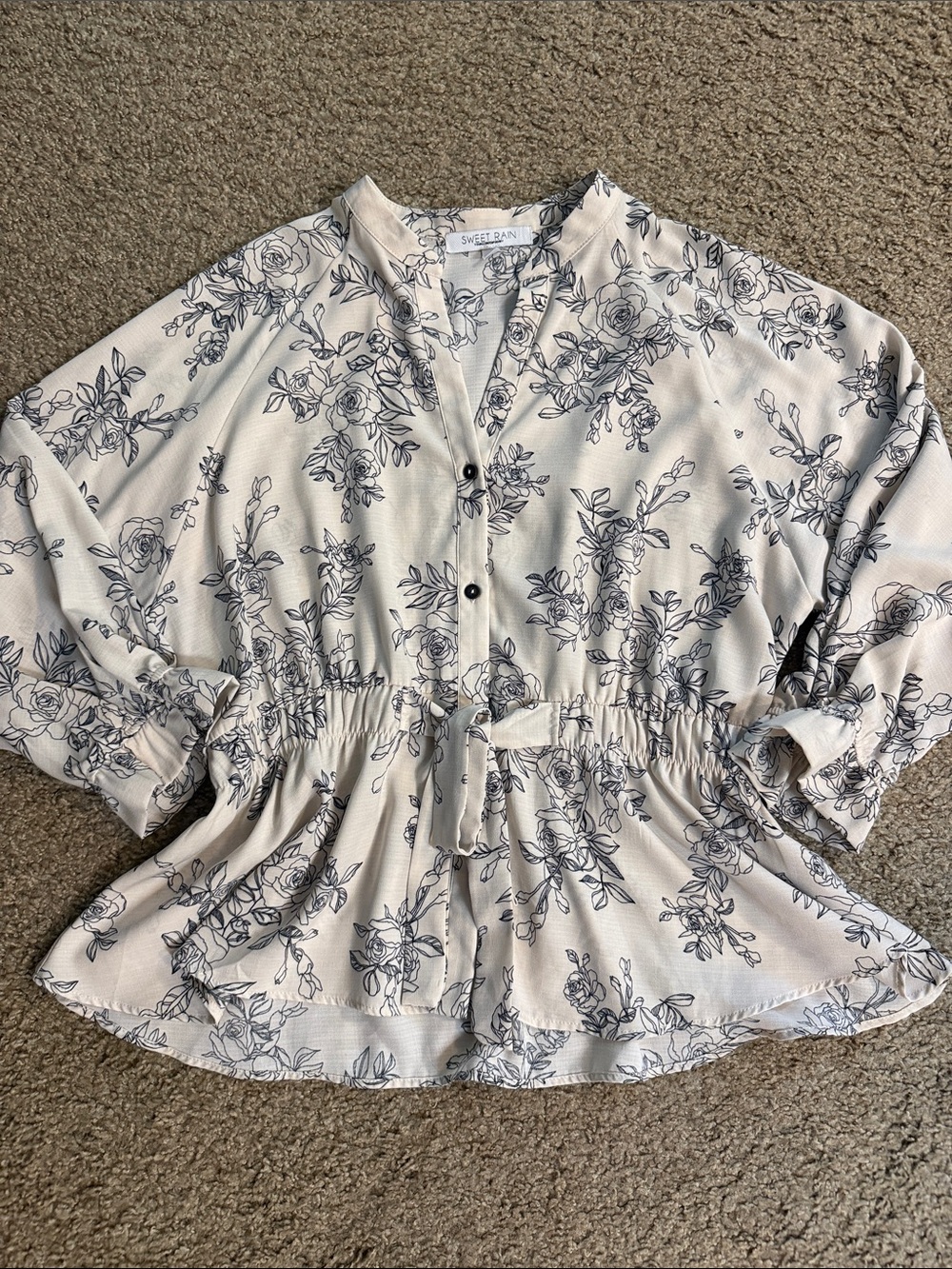 Sweet Rain Cream Blouse with Navy Floral Print and Peplum Waist